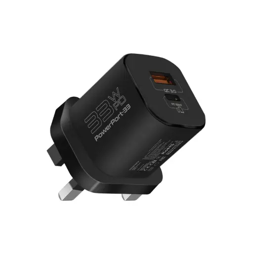 [DNA0041351] Promate PowerPort-33 33W GaNFast Dual Port Wall Charger - Black UK Plug