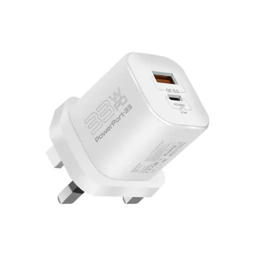 [DNA0041353] بروميت (PowerPort-33) شاحن جداري (GaNFast) ثنائي المنافذ بقدرة 33 واط - قابس بريطاني (UK)، أبيض