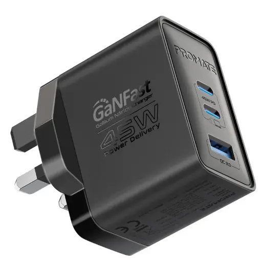 [DNA0041359] بروميت (PowerPort-45) شاحن (GaNFast) ثلاثي المنافذ بقدرة 45 واط - قابس بريطاني (UK)، أسود