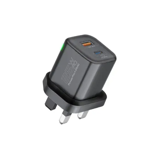 [DNA0041361] بروميت (PowerPort-25AC) شاحن جداري ثنائي المنافذ بقدرة 25 واط - قابس بريطاني (UK)، أسود
