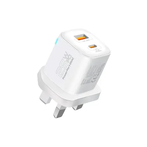 [DNA0041363] بروميت (PowerPort-25AC) شاحن جداري ثنائي المنافذ بقدرة 25 واط - قابس بريطاني (UK)، أبيض