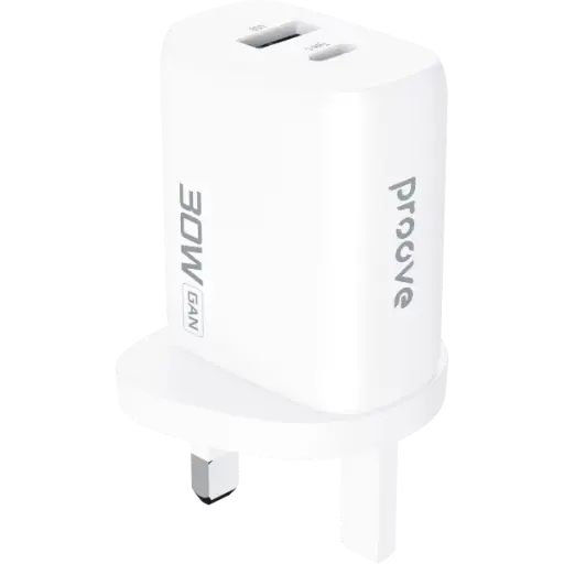 [DNA0041659] بروفي (Proove Silicone Power 2) شاحن جداري بقدرة 30 واط (Type-C + USB) بقابس بريطاني (UK) - أبيض