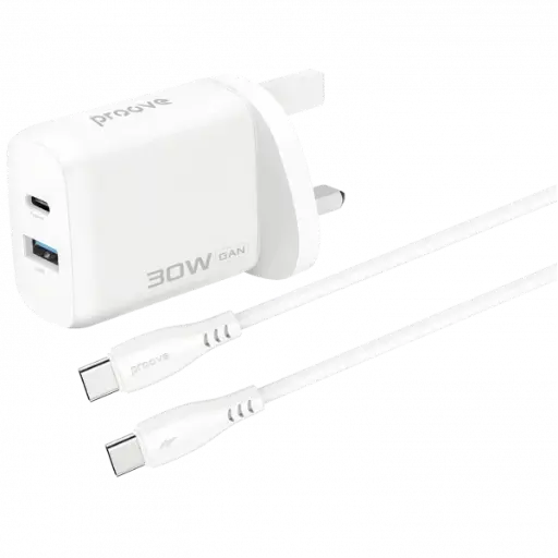 [DNA0041661] بروفي (Proove Silicone Power 2) شاحن جداري بقدرة 30 واط (Type-C + USB) مع كابل (Type-C to Type-C) بقدرة 60 واط (1 متر) بقابس بريطاني (UK) - أبيض