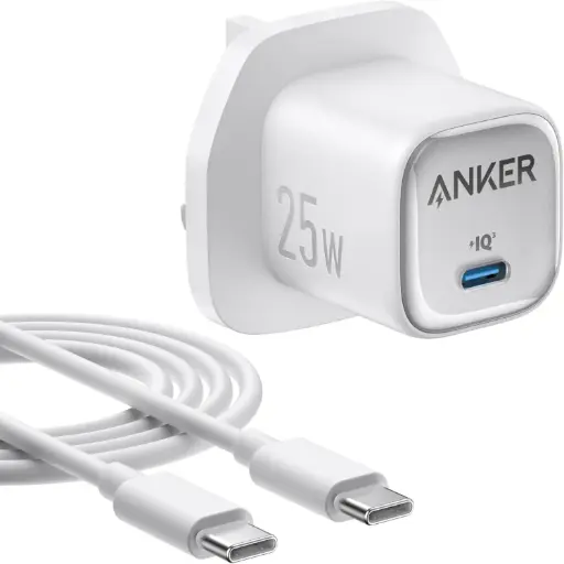 [DNA0043089] أنكر (Anker) شاحن بقدرة 25W بحجم مدمج مع كابل USB-C - أبيض