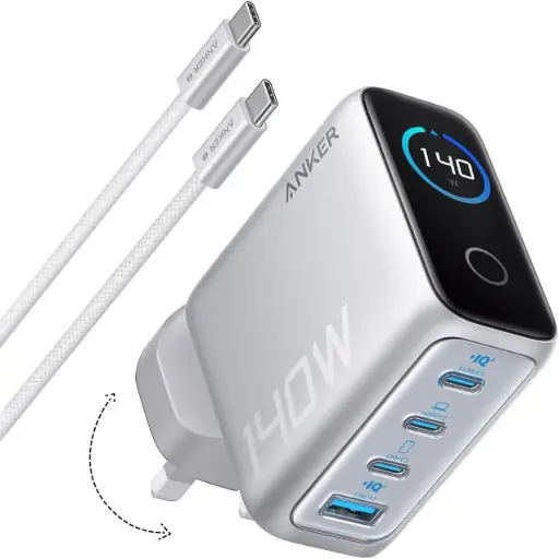 [DNA0046072] شاحن أنكر زولو (Zolo) بتقنية GaN وبقوة 140 واط (3 منافذ USB-C ومنفذ USB-A) يدعم تقنية PD 3.1 مع كابل USB-C بطول 1.5 متر - لون فضي