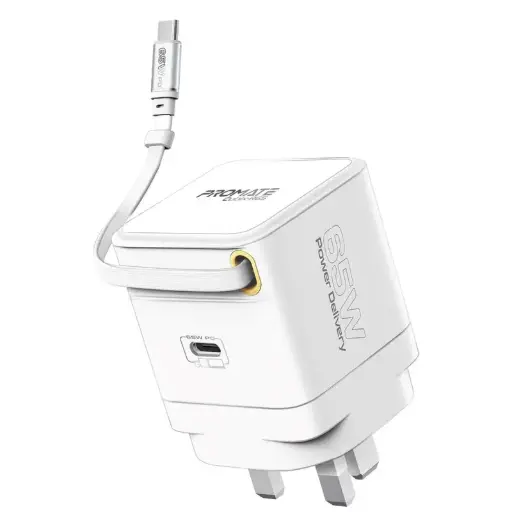 [DNA0056386] Promate Cubix-R65 65W GaNFast Charger with Retractable USB-C Cable - White UK Plug