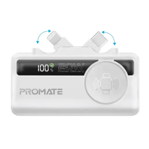 [DNA0056392] Promate PowerUp-Trio 5000mAh 20W Power Bank with USB-C/Lightning Connectors & Apple Watch Charger - White